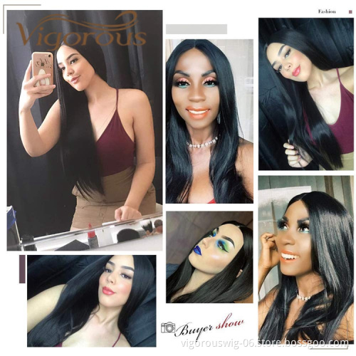Vigorous Hot Selling In Stock Long Black Silky Straight Wave Middle Part Natural Hairline For Black Women Synthetic Hair Wigs